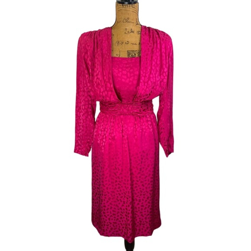 WIM HEMMINK Vintage Pure Silk‎ Hot Pink Button Back Gathered Waist Dress